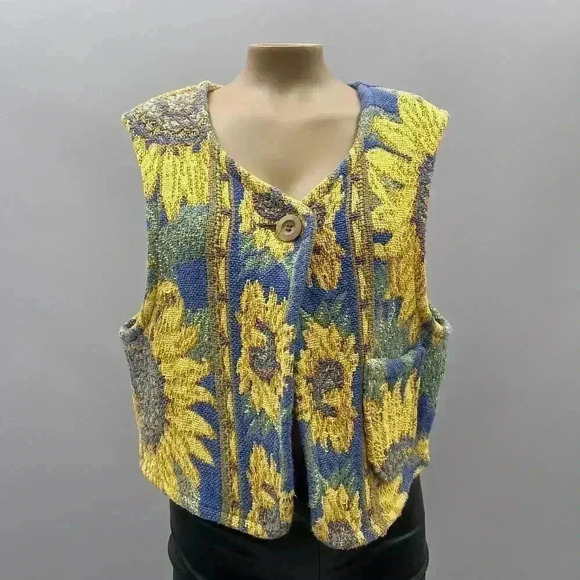 Vintage Tapestry Vest Size S/M Sunflower Button Pocket Crop Grandmacore - Picture 1 of 8